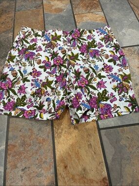 Talbots White Floral Cotton Bermuda Shorts with Pink & Green Print.  Sz.   12